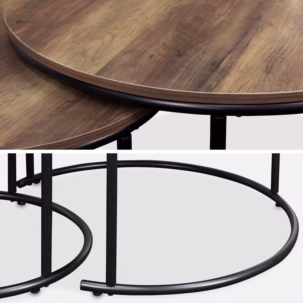 Sweek Pair of Round Nesting Coffee Tables in Light Brown Wood Effect with Black Metal Sled Base – 3