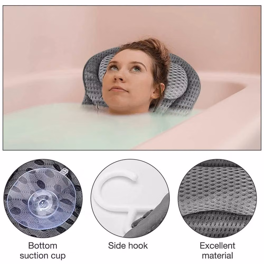 VOGREX Waterproof 4D Mesh Spa Bath Pillow with Neck and Back Support in Grey – 3