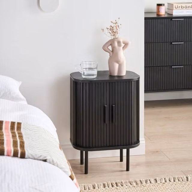 Wyld and Coco Black Nightstand Bedside Table with Two Sliding Doors W/D/H: 40 x 30 x 55 cm