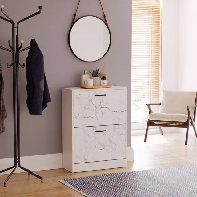 HD Designs Vida Designs Modern 2 Drawer White Metal Shoe Cabinet with Tilting Compartments and Internal Shelves – 1