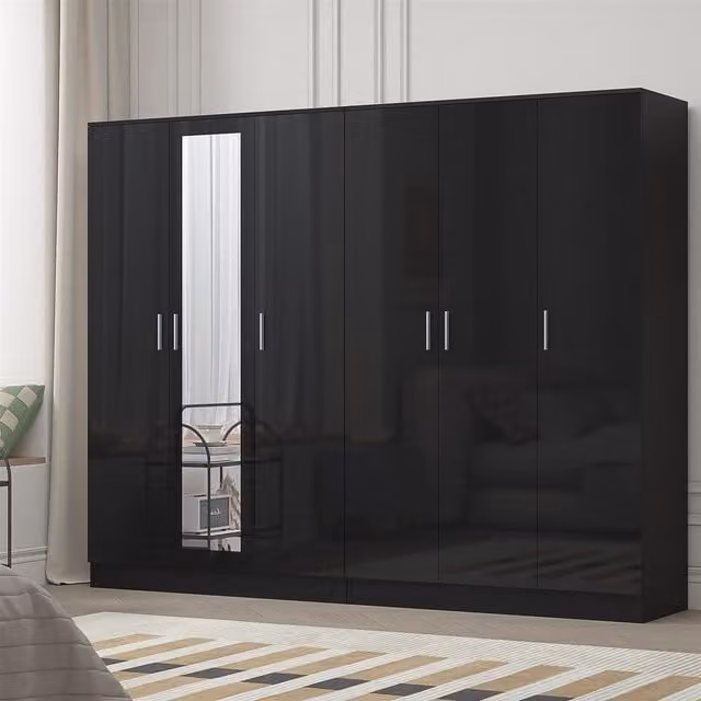 REFLECT Gloss Wardrobe Bundle with 3-Door Mirror and 3-Door Plain Design in Black Gloss and Matt Black