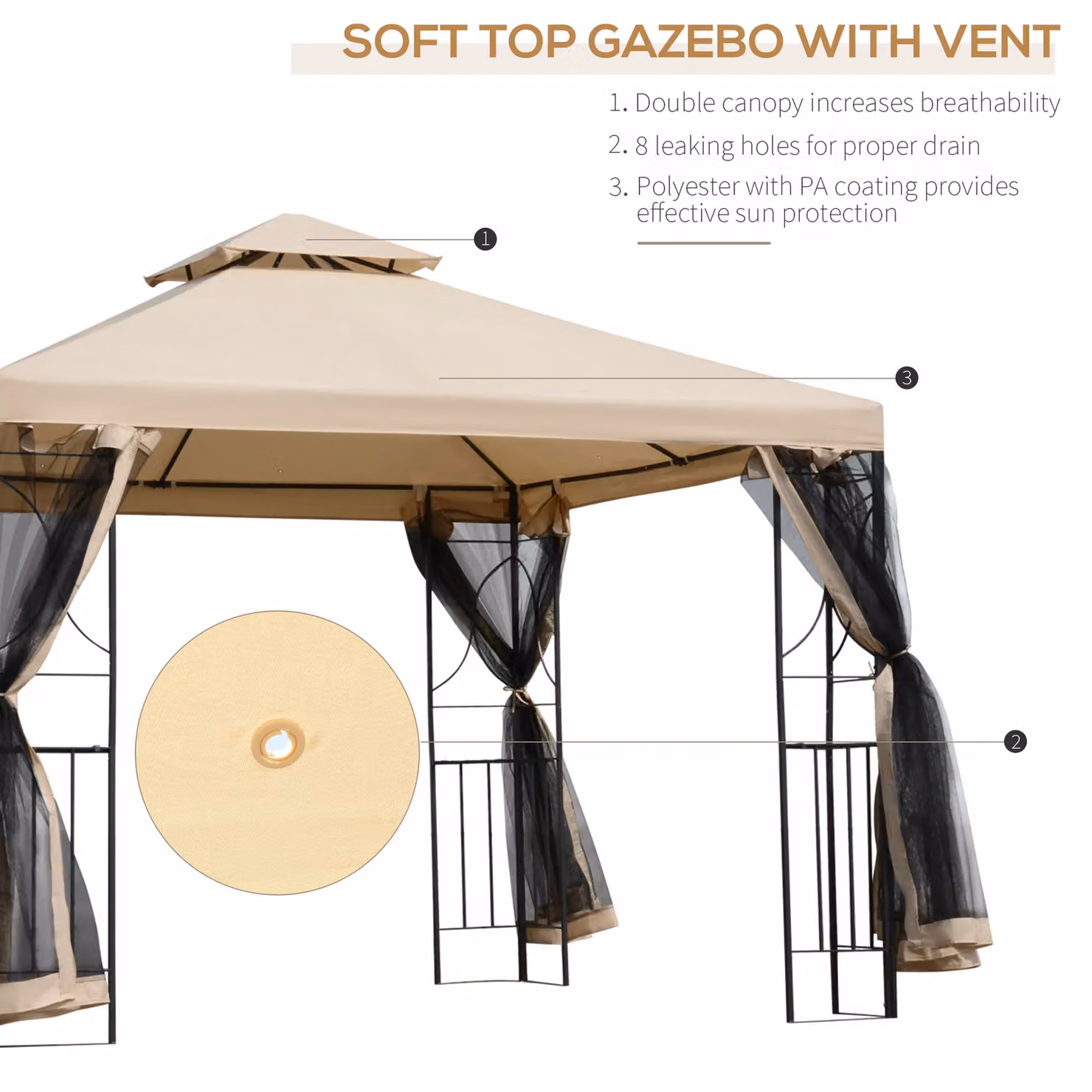 Outsunny Metal Gazebo Patio Pavilion Canopy Tent with Shelving in Beige – 4