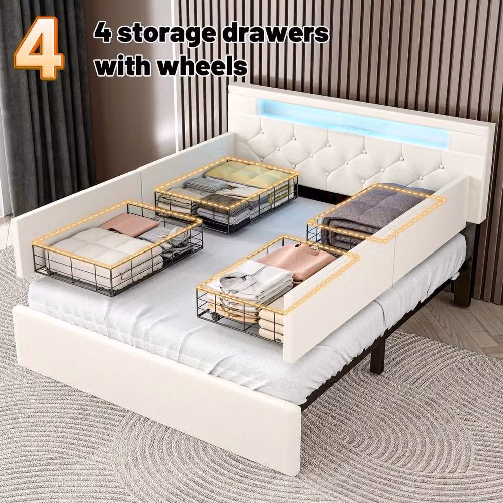 SPETLEK Upholstered Storage Bed Frame with Drawers in White, 140 x 200 cm – 4