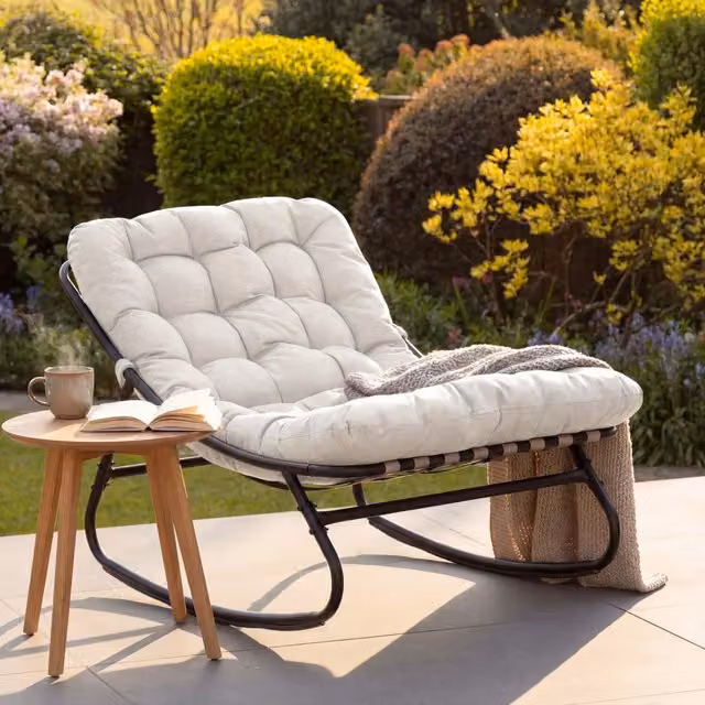 Artemis Home Solace Modern Outdoor Rocking Chair in Beige and Black with Cushions