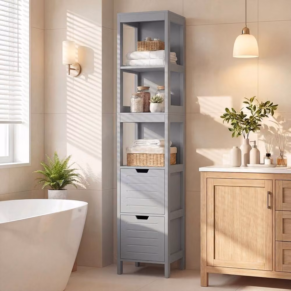 Costway Grey Narrow Bathroom Floor Storage Cabinet with 2 Drawers and 3 Shelves, W/D/H: 30 x 30 x 144.5 cm – 3