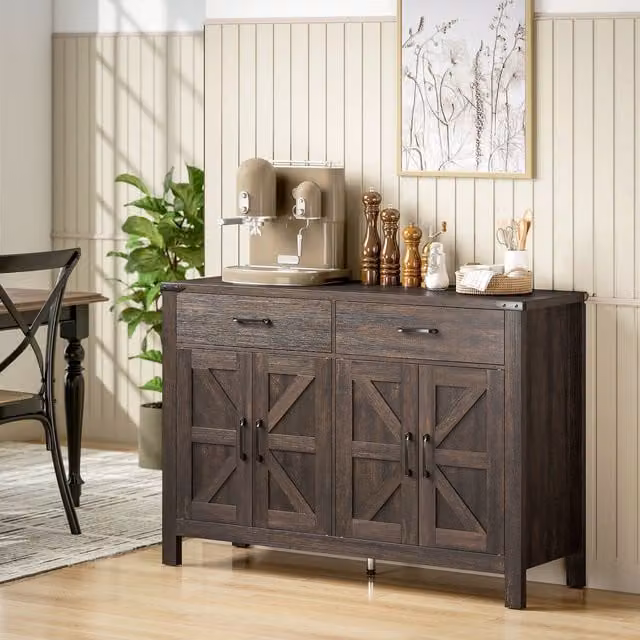 HOMCOM Rustic Dark Brown Kitchen Cupboard with 4 Doors, 2 Drawers and 2 Shelves