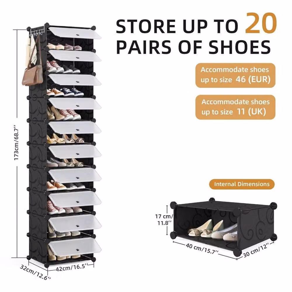 KORVIXA Black Plastic Portable Shoe Cabinet with Tilting Compartments and Internal Shelves, W/D/H: 100 x 173 x 100 cm – 2
