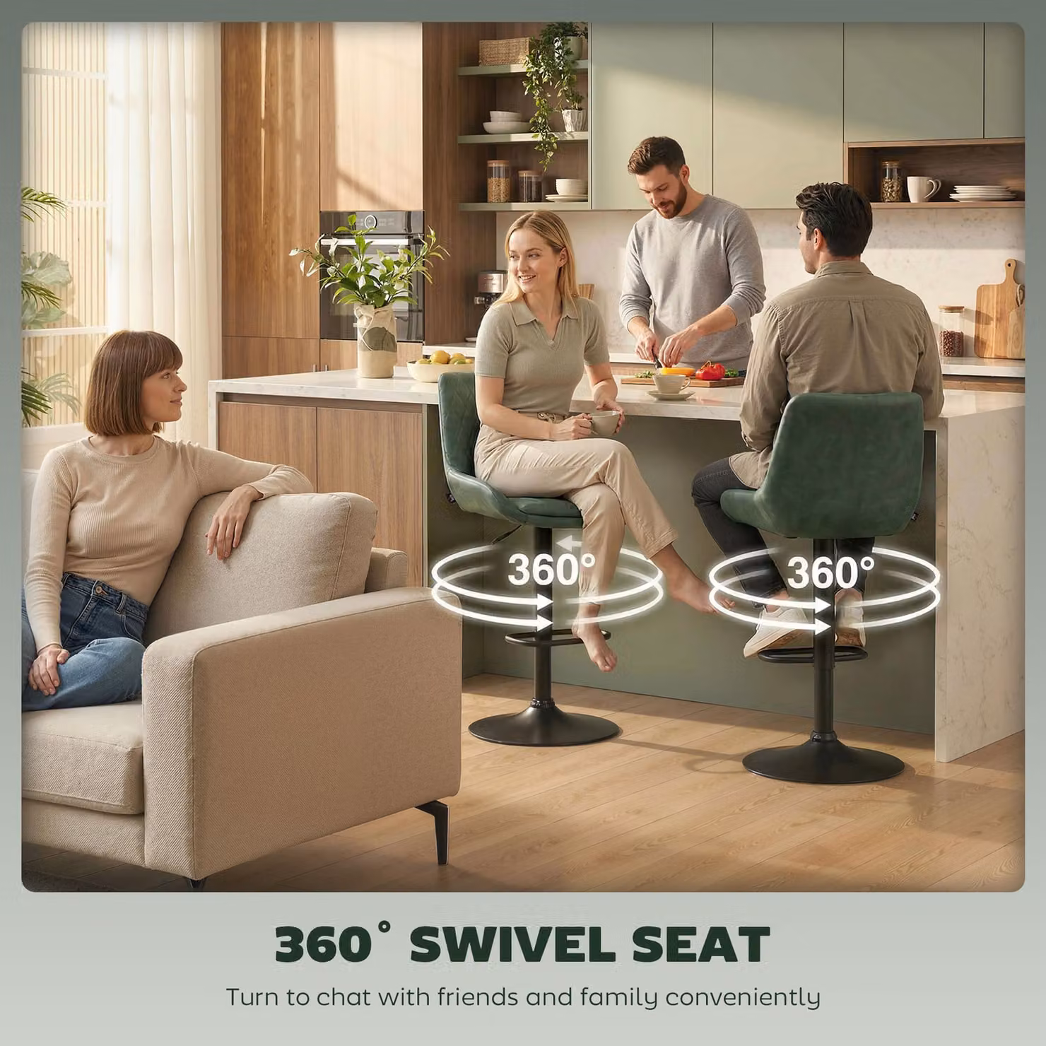 HOMCOM Set of 2 Retro Green Synthetic Leather Bar Stools with Swivel Seat and Metal Base – 5