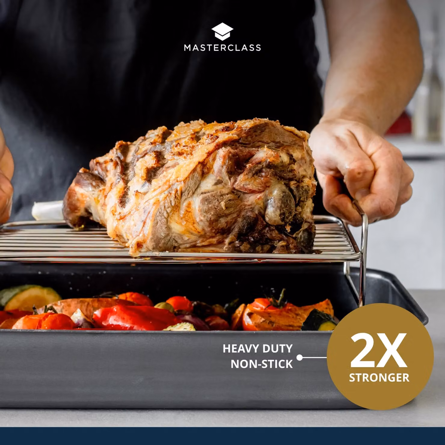 MasterClass Professional Non-Stick Hard Anodised Rectangular Roasting Pan, Black, W: 42 cm, D: 31 cm, H: 6.5 cm – 8