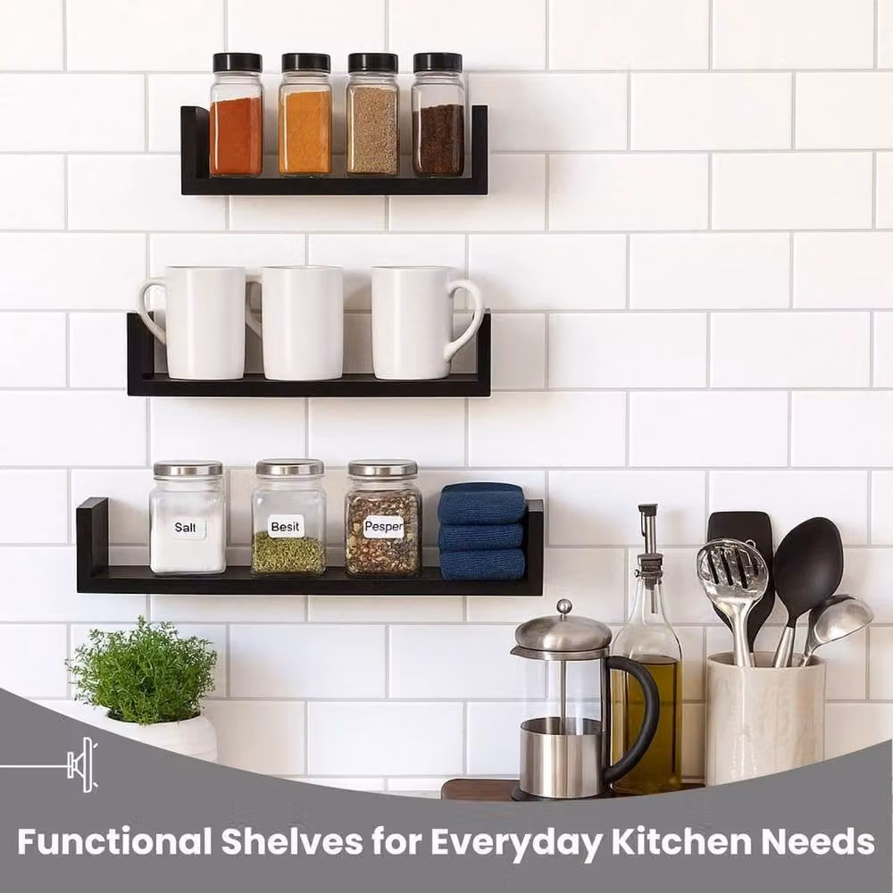 PAWNORA Black Matt Wooden Wall Mounted Floating Display Shelves – 3