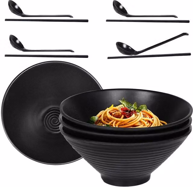 Greentainer Large Japanese Noodle Bowl Set with Chopsticks and Spoons in Black Melamine