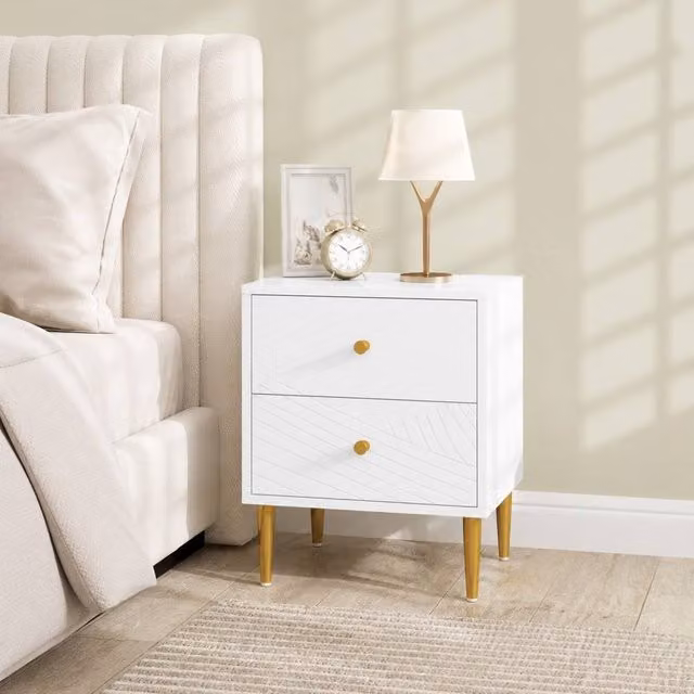 STILVORA Modern Bedside Table with 2 Drawers in White and Gold – 1