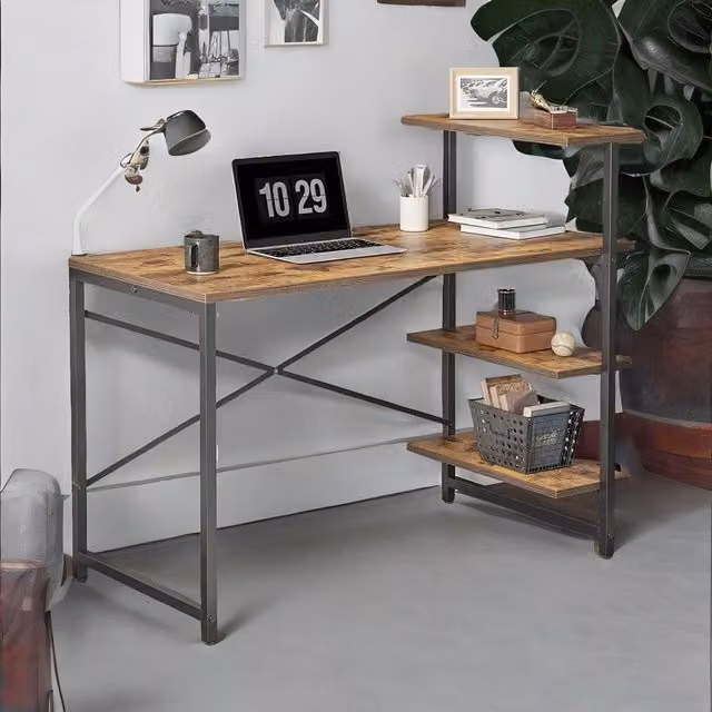 Rafaelo Mobilia Industrial 4 Tier Computer Desk with Steel Frame in Brown – 1