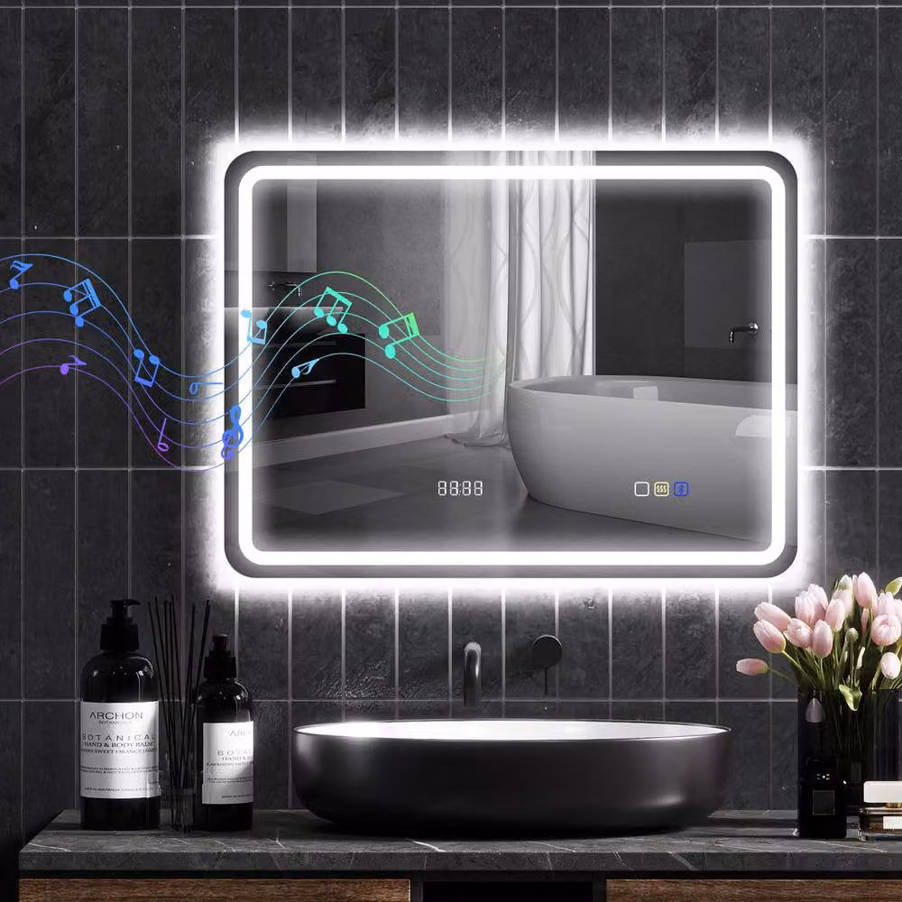 STILVORA Modern Rectangular Wall Mounted Bathroom Mirror with Dimmable LED Lighting, Bluetooth and Touch Switch in Silver – 3