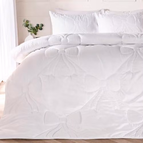 OHS White Microfibre Bow Lattice Coverless 7.5 Tog Double Duvet and Pillowcase Set, W/D/H: 200 x 200 x 200 cm