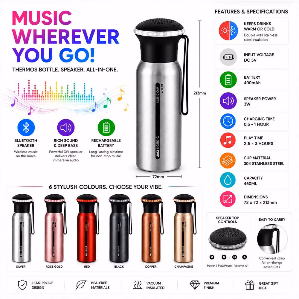Simpa Black Stainless Steel Thermos Water Bottle with Bluetooth Speaker, 460ml – 2