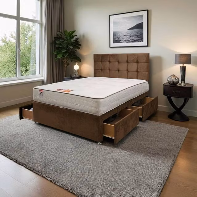 Knight Sleep Modern Upholstered Double Bed Set with Mattress and Drawers in Brown