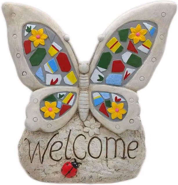 Ornate Collection Welcome Butterfly Tabletop Decoration in Grey and Multicolour Stone