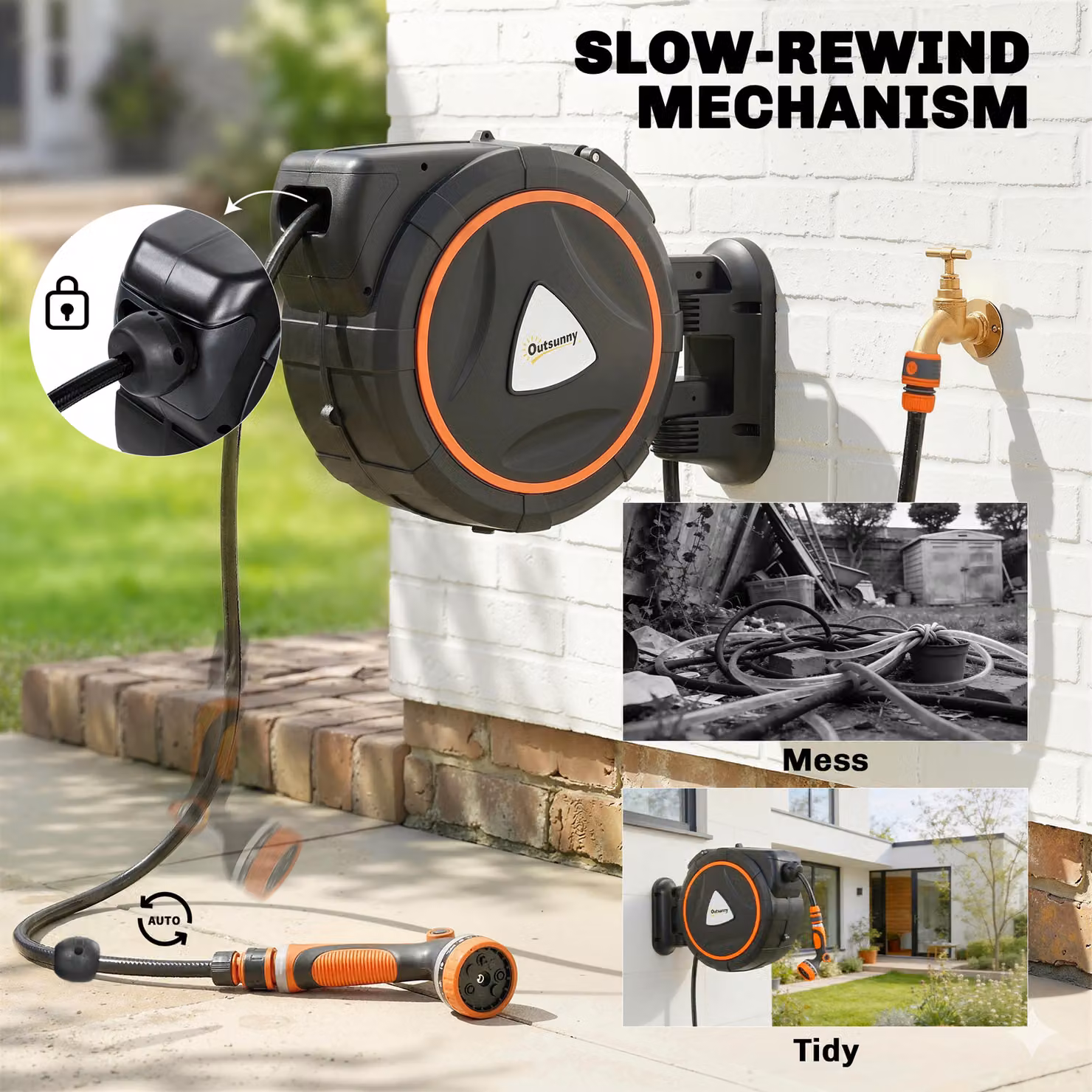 Outsunny Wall Mounted Retractable Hose Reel in Black with Auto Retraction and 12-Pattern Nozzle – 5