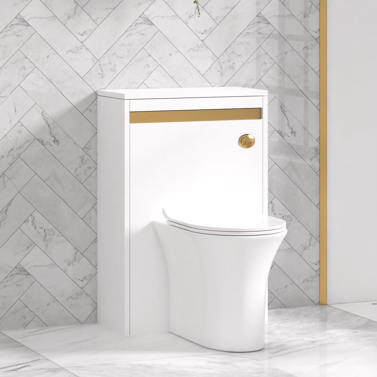 Royal Bathrooms Orion 540mm Matt White Back to Wall WC Unit with Breeze Rimless Toilet Pan, Slim Seat and Cistern with Brushed Brass Accent Trim