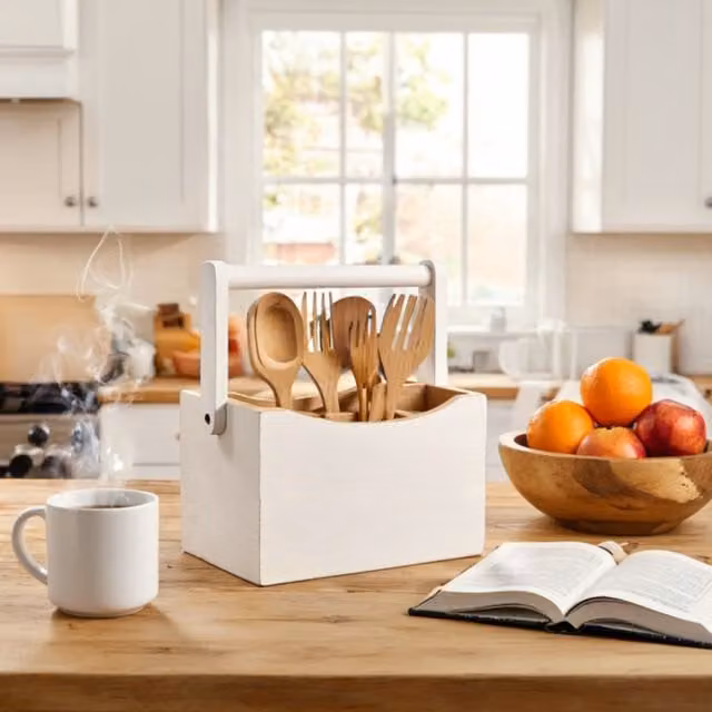 Maison Des Cadeaux White Bamboo Utensil Holder Caddy with Compartments