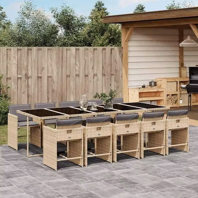 Berkfield Home 10-Seater Garden Dining Set in Beige PE Rattan with Glass Top