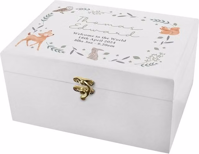 Personalised Memento Company Personalised Woodland Animal Wooden Keepsake Box in White