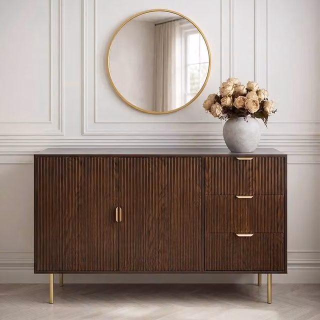 OHS Modern Ribbed Sideboard Cabinet with Drawers and Shelves in Brown Walnut Finish – 1