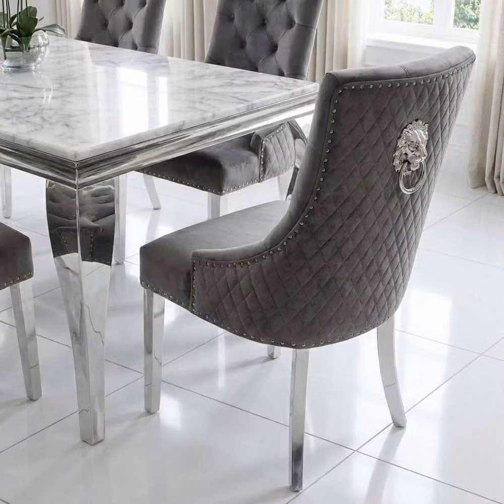 Home Luxe Interior Sofia Dining Set with Cream Gold Marble Table and 6 Grey Lion Back Velvet Chairs, Width: 160 cm – 3