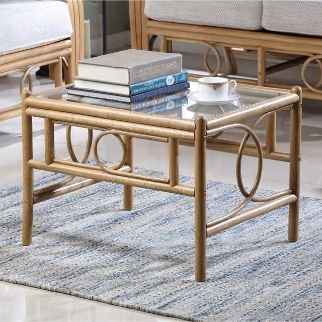 Madrid Cane Square Coffee Table in Light Oak with Rattan and Glass Top