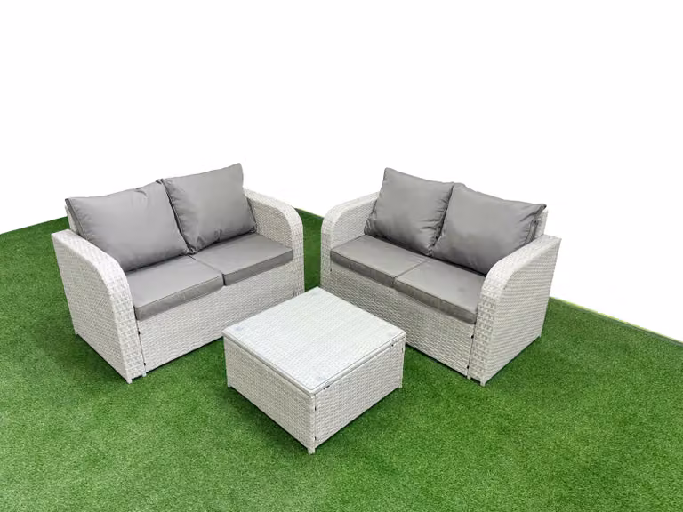 Fimous 4 Seater Rattan Garden Furniture Set with Upholstered Cushions and Square Coffee Table in Light Grey