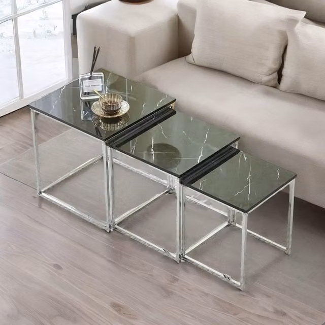 FURNOS Set of 3 Grey Faux Marble Nesting Tables with Square Glass Tops