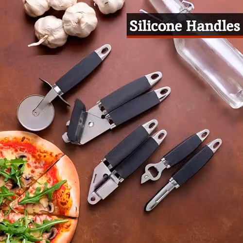 Orsina 5 Piece Stainless Steel and Silicone Kitchen Gadget Set with Rotatable Stand in Black – 4