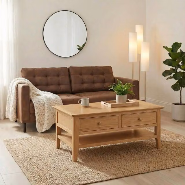 FurnitureboxUK Belle 2 Drawer Rectangular Solid Oak Wood Coffee Table in Light Brown – 1