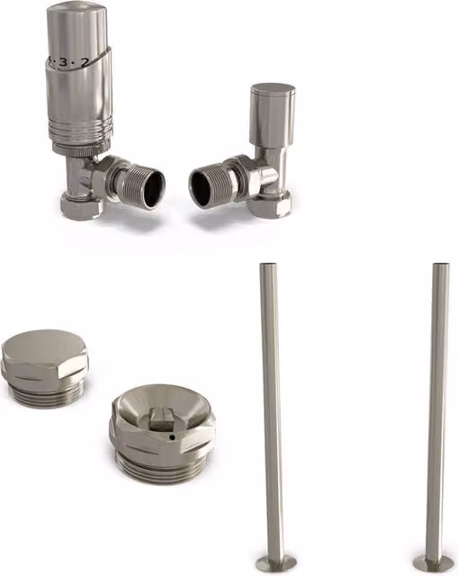 Talus Bold Angle Thermostatic Radiator Valve Installation Kit with Thermostat Head in Silver Nickel Plated Brass, W/D/H: 13.0 x 12.3 x 4.0 cm