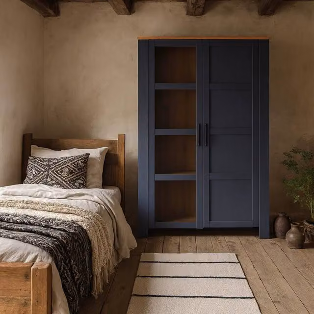 Wyld Haus Bramblecroft Navy and Natural Oak 2 Door Display Cabinet with Glass Doors and Integrated Lighting W/D/H: 106.3 x 42.0 x 160.8 cm – 1