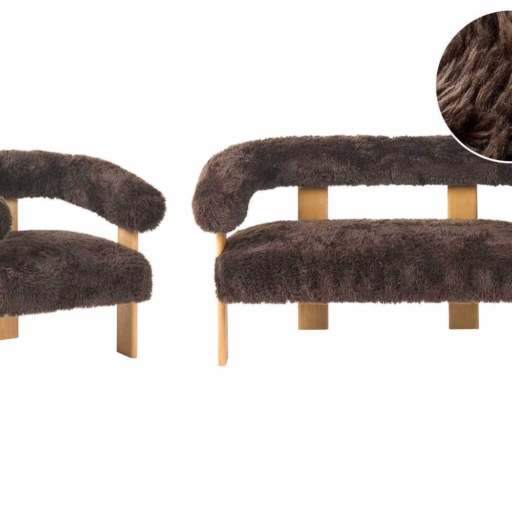 Wyld and Coco Retro 2-Seater Sofa and Armchair Set in Brown with Rubberwood Frame – 2