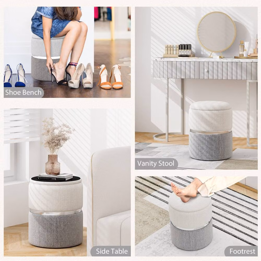 Gymax 2 Pack Round Linen Fabric Ottoman Vanity Stools in Beige – 2