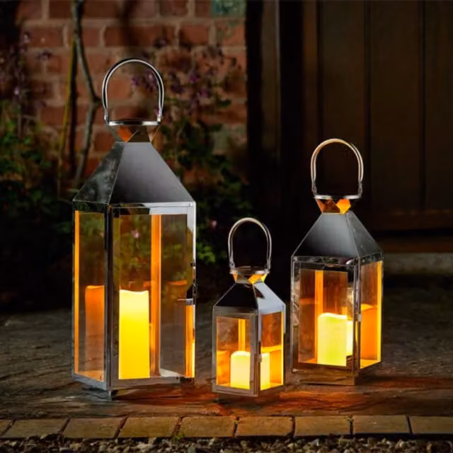 Samuel Alexander Set of 3 Silver Stockholm Stainless Steel Pillar Candle Lanterns Trio
