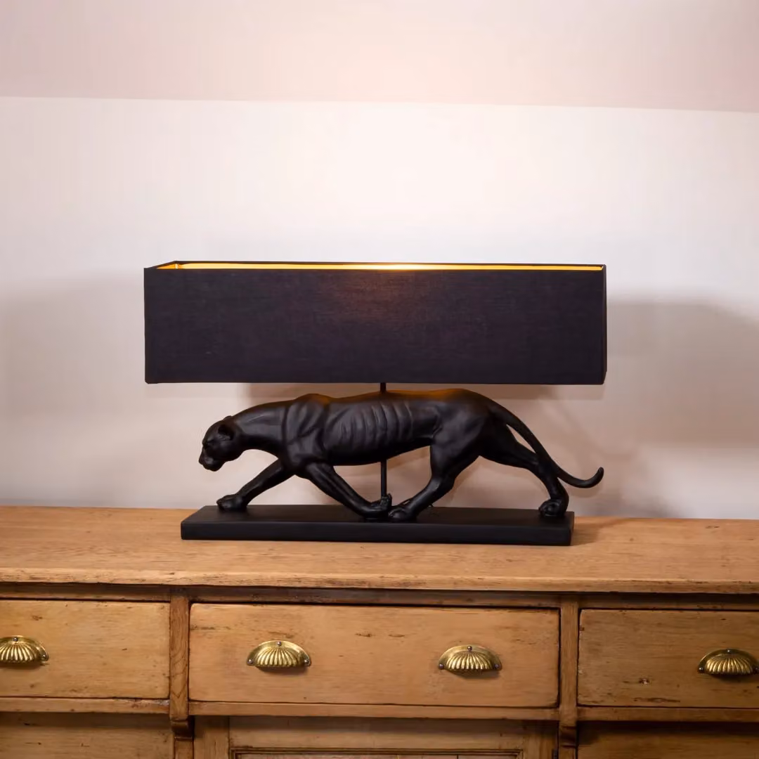 Madison & Mayfair Art Deco Black Panther Lamp Base with Black and Gold Shade, H 43.5 x W 18.0 x D 72.0 cm