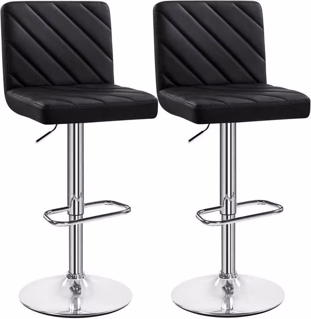 KORVIXA Set of 2 Black Modern Kitchen Bar Stools with Synthetic Leather and 360 Degree Swivel