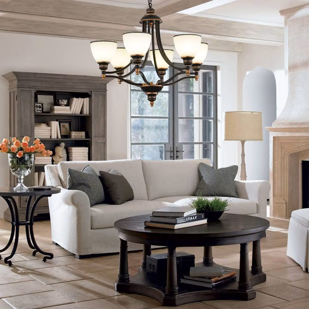 NIVOR Classic 6-Light Bell Pendant Chandelier in Black and Bronze with Gold Frosted Glass and E27 Sockets – 4