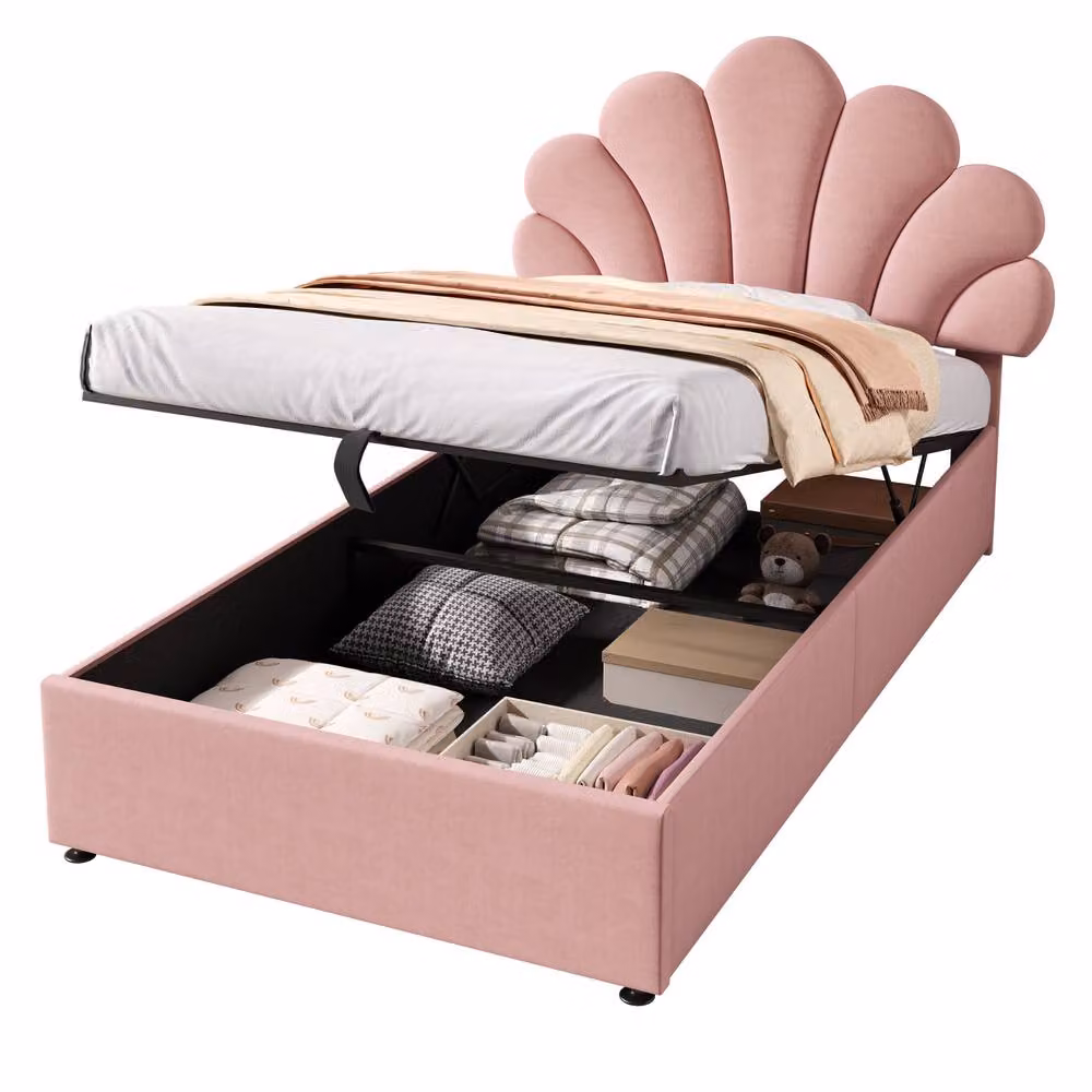 BTM Pink Velvet Petal Headboard and Hydraulic Storage Bed with Lift Up Base, Single W/D/H: 90 x 190 x 109 cm – 4