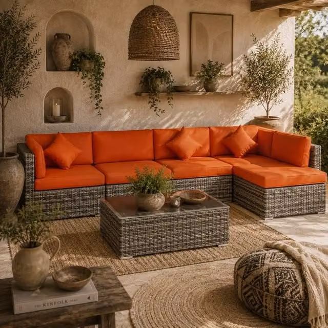 Wyld Haus Yodosu 6 Seater Grey PE Rattan Outdoor Corner Sofa Set with Orange Cushions