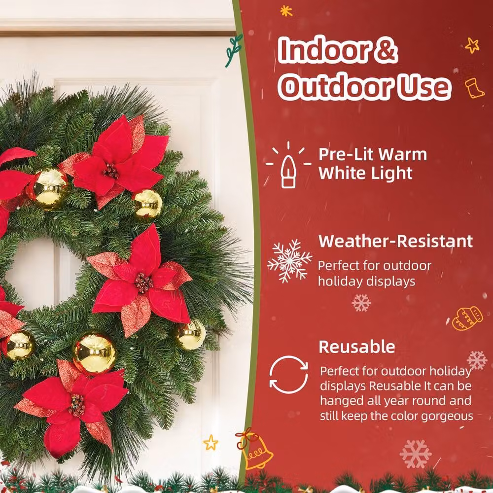 London Boutique Pre-Lit Christmas Wreath with LED Lights in Green, Diameter: 60.96 cm – 4