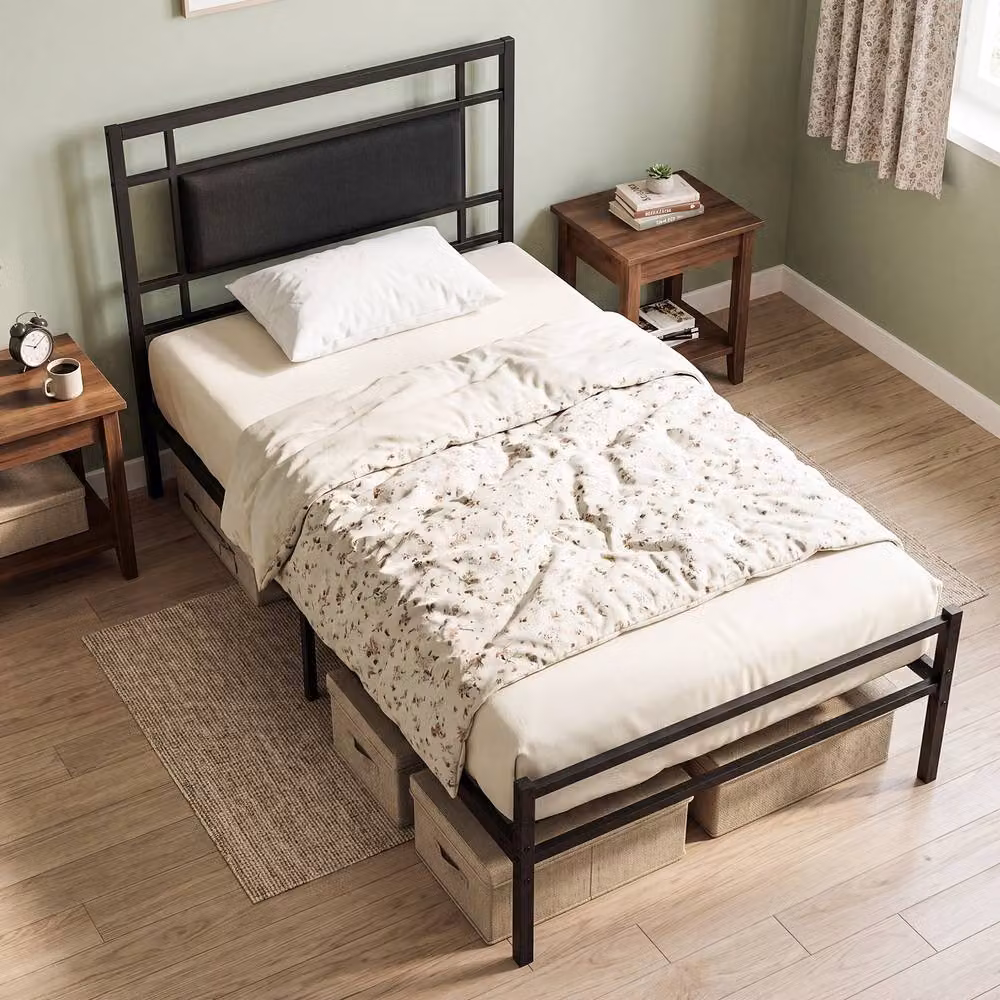 Gymax Single Bed Frame with Upholstered Headboard and Metal Slats, Black, 90 x 200 cm – 7
