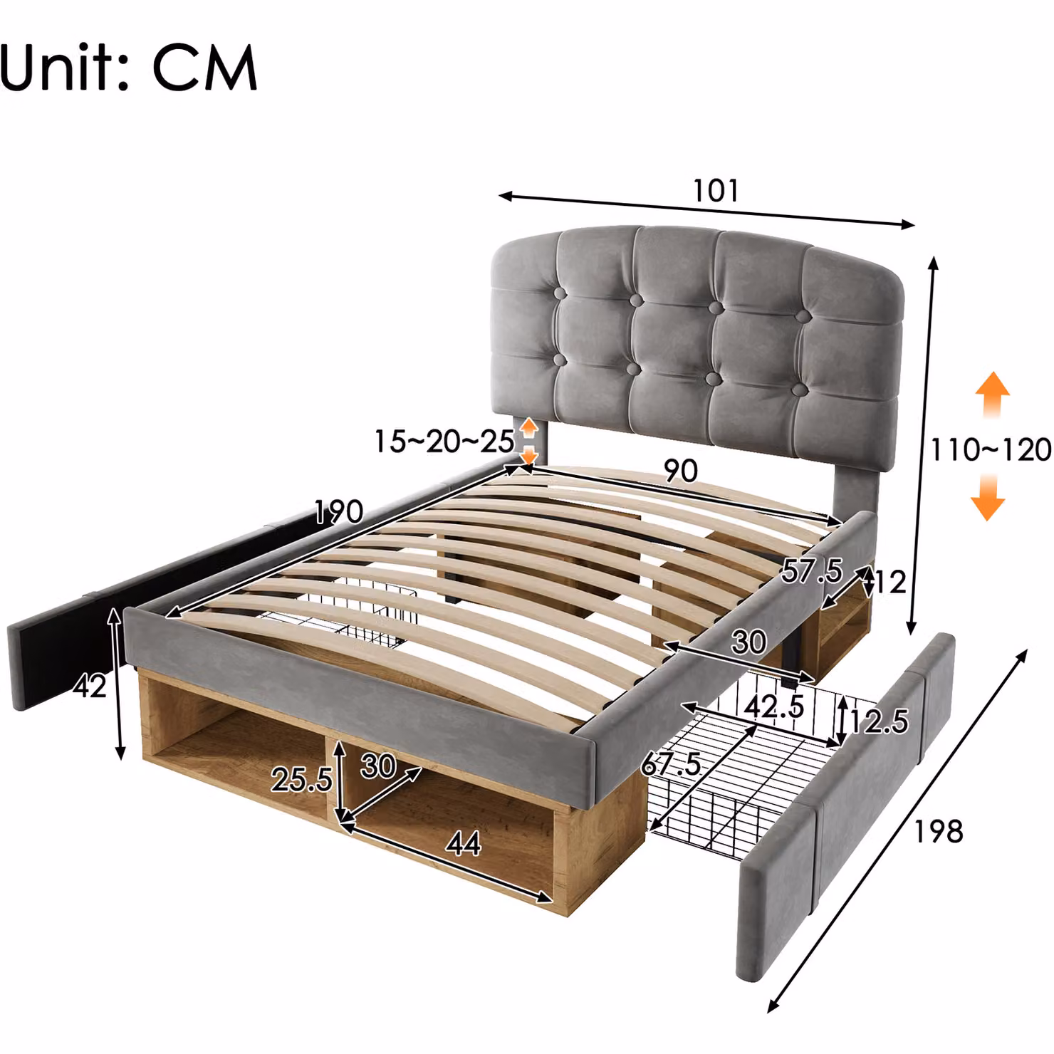 SONARA Upholstered Storage Bed with Drawers in Grey, W/D/H: 90 x 200 cm – 2