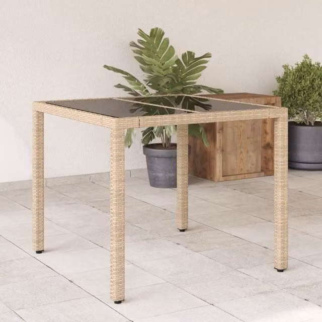 Berkfield Home Modern Poly Rattan Garden Table with Glass Top, Beige, W/D/H: 90 x 90 x 75 cm