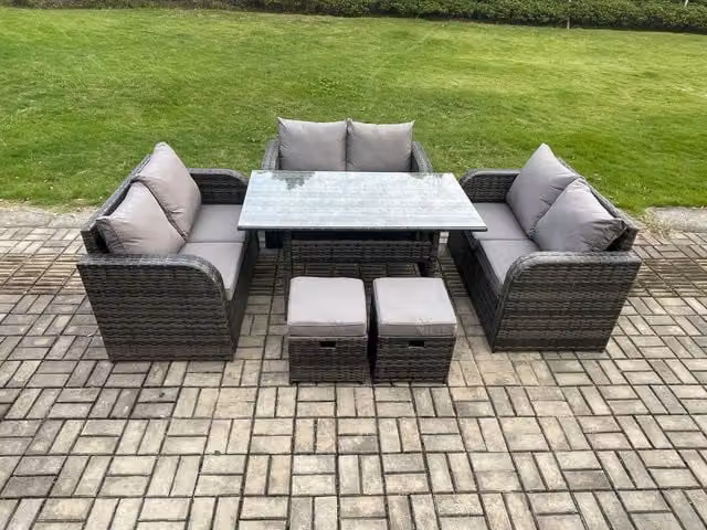 Fimous 8 Seater Outdoor Rattan Garden Furniture Set with Rectangular Dining Table, Love Sofa and 2 Small Footstools in Dark Grey