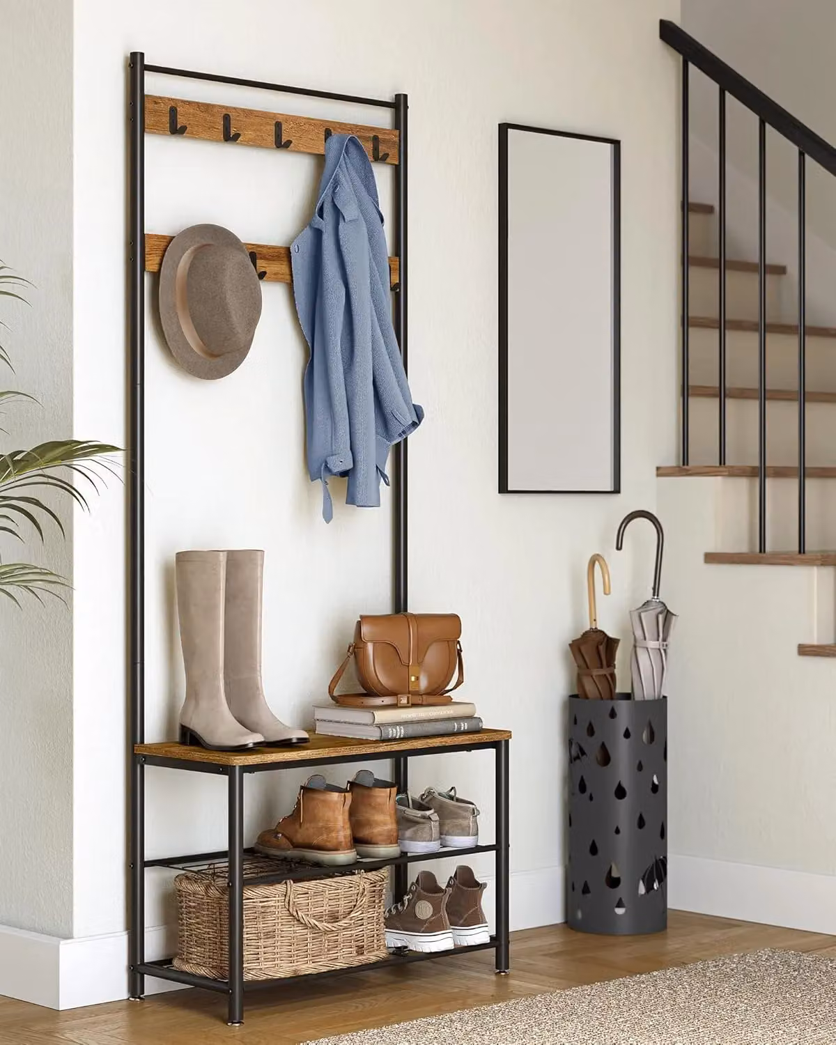 VASAGLE Industrial Hallway Coat Rack with Bench and Shoe Rack, Metal Frame, Brown – 2